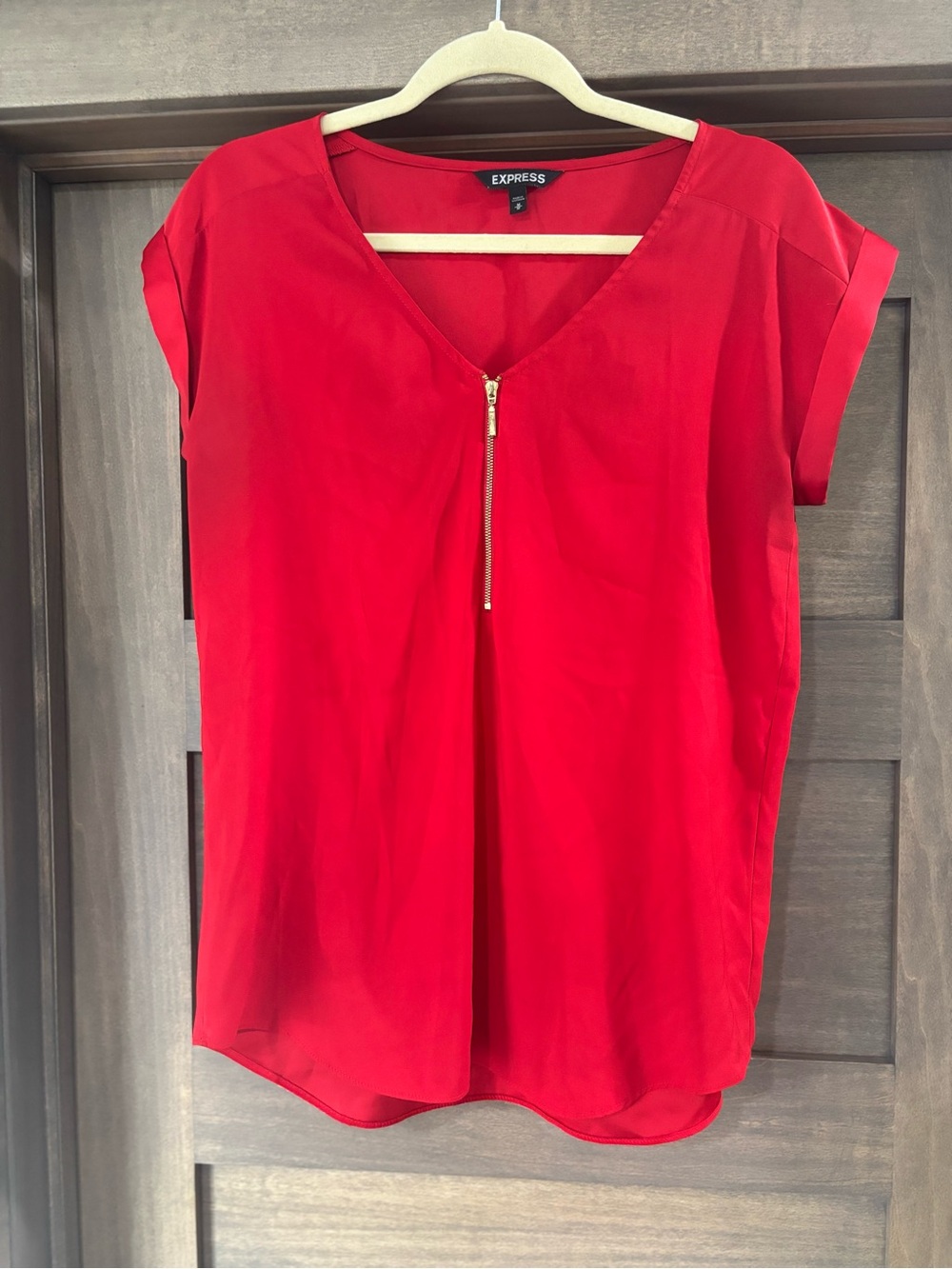 Express Red V-Neck Short Sleeve Zip Top